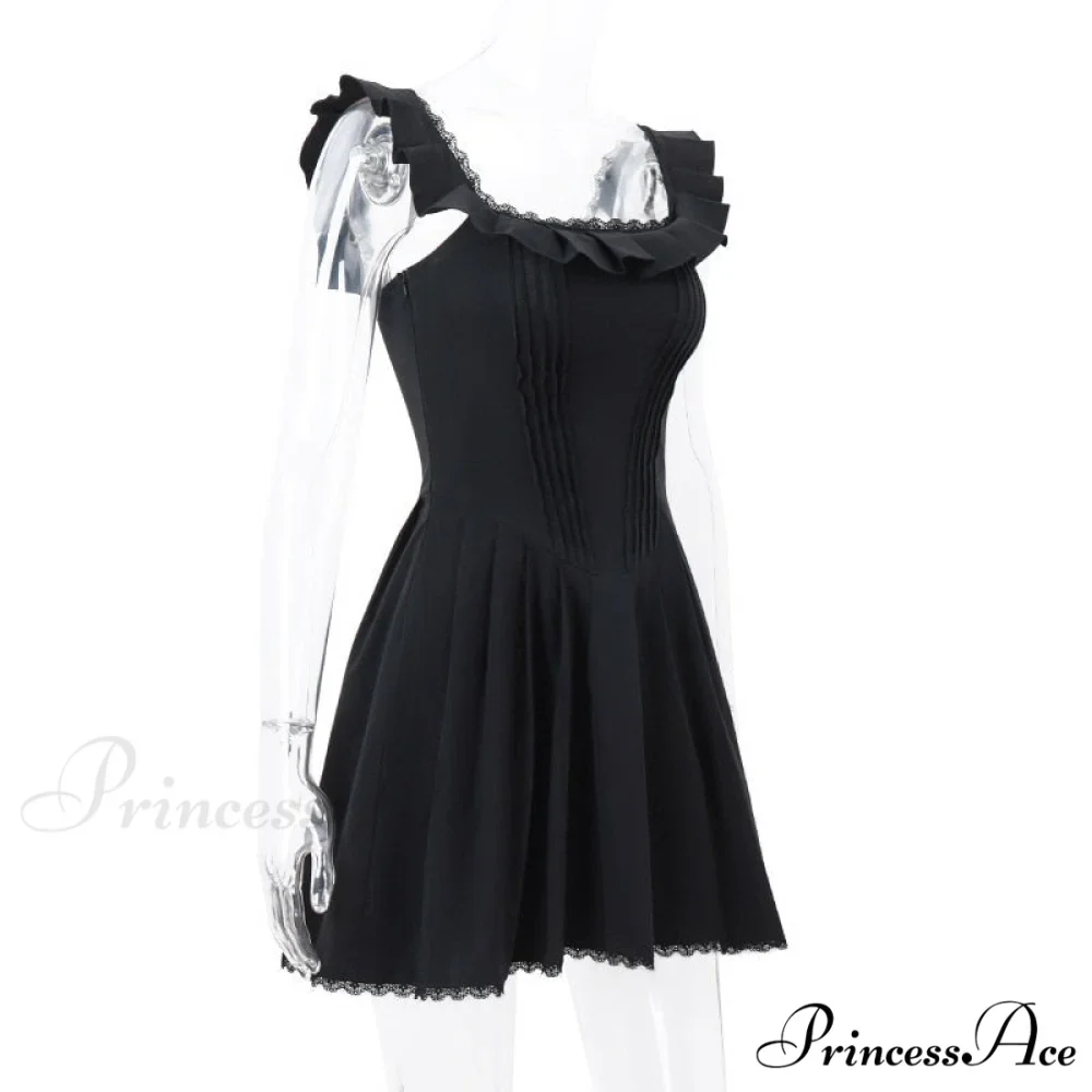 Black Corset Square Neck Graceful Frill Strap Mini Dress - Image 8