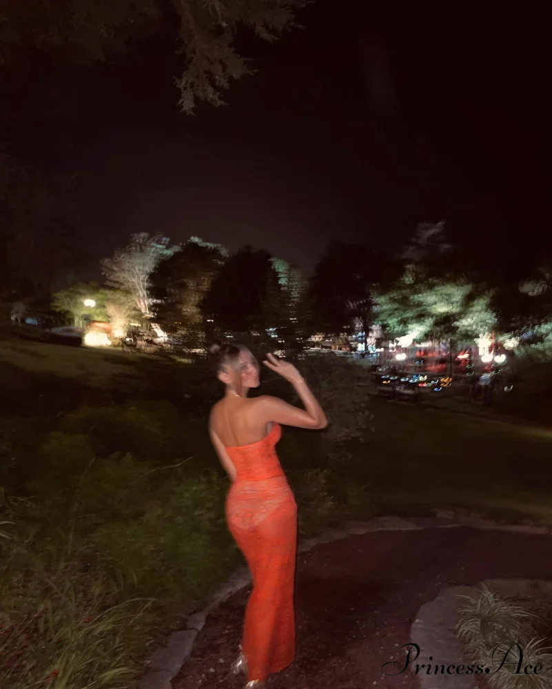 Orange Sheer Lace Charming Draped Tube Maxi Dress - Image 10