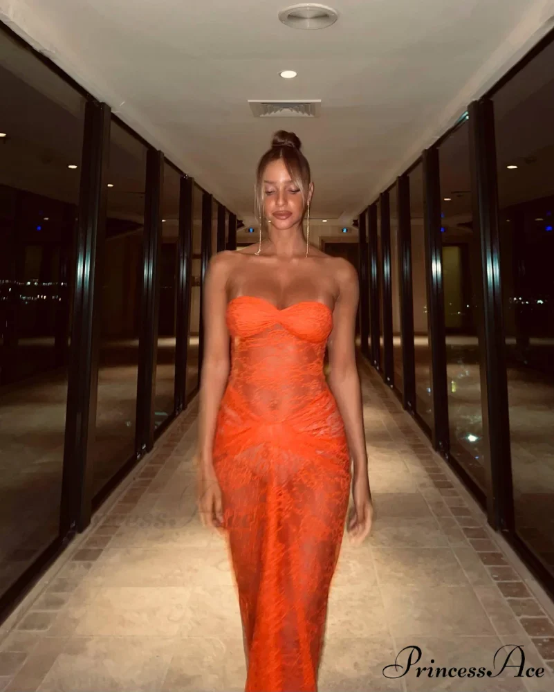 Orange Sheer Lace Charming Draped Tube Maxi Dress - Image 12