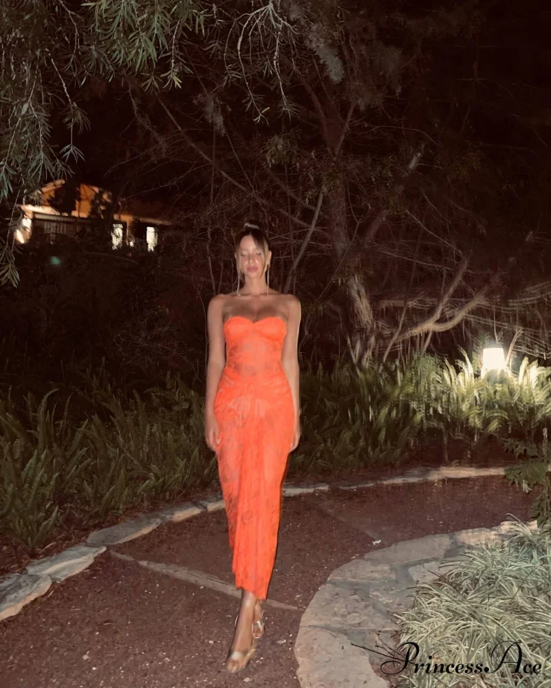 Orange Sheer Lace Charming Draped Tube Maxi Dress - Image 2
