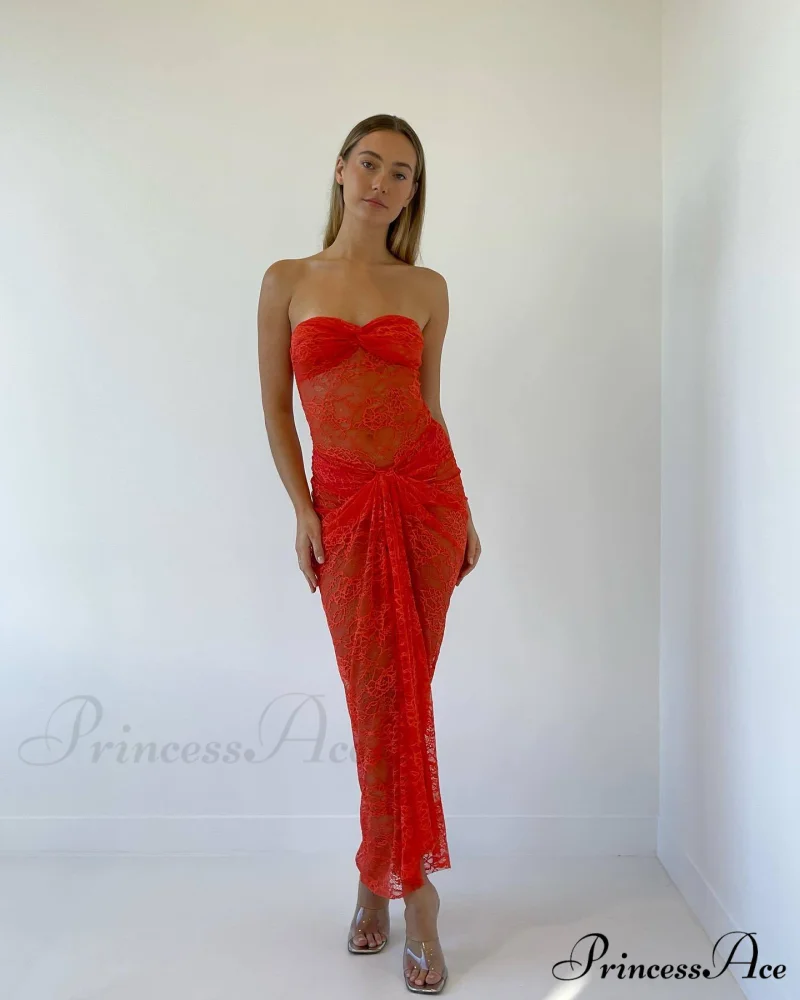 Orange Sheer Lace Charming Draped Tube Maxi Dress - Image 4