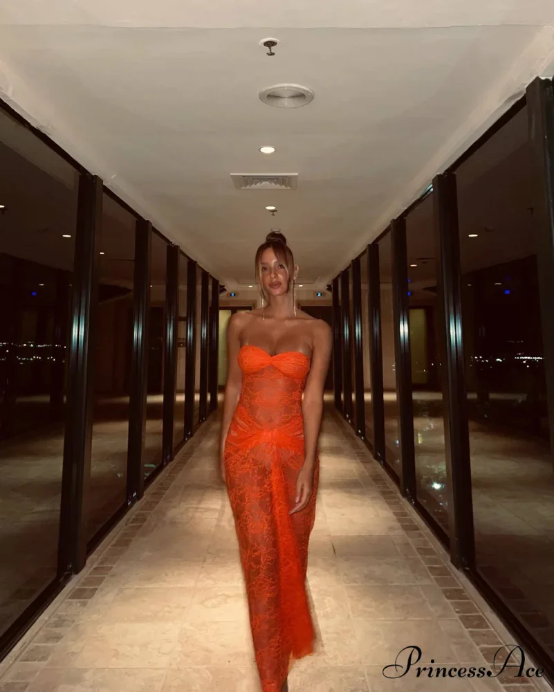 Orange Sheer Lace Charming Draped Tube Maxi Dress - Image 9