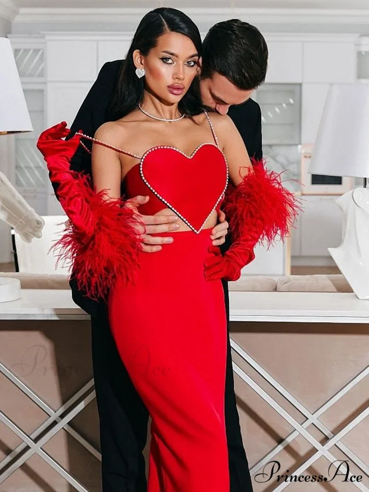 Red Heart Cut Out Graceful Rhinestone Strap Crop Top - Image 2