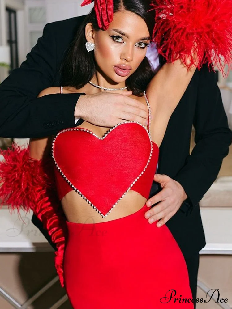 Red Heart Cut Out Graceful Rhinestone Strap Crop Top - Image 3
