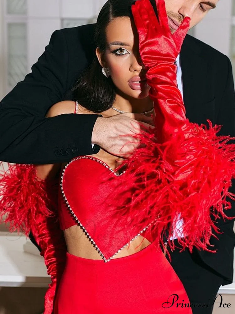 Red Heart Cut Out Graceful Rhinestone Strap Crop Top - Image 4
