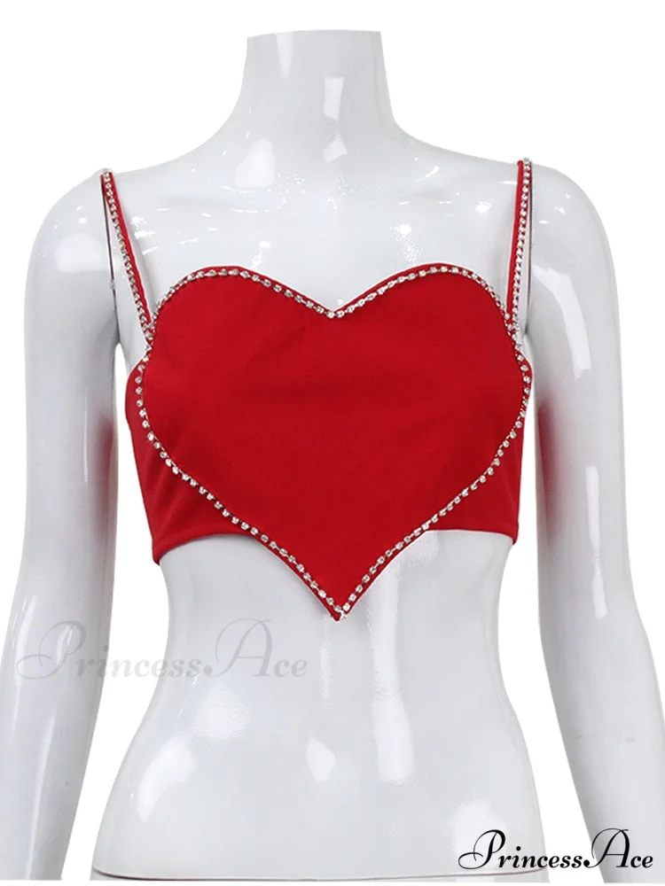 Red Heart Cut Out Graceful Rhinestone Strap Crop Top - Image 5