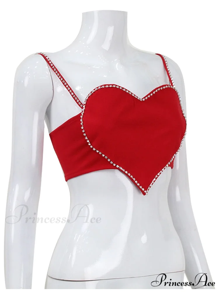 Red Heart Cut Out Graceful Rhinestone Strap Crop Top - Image 6