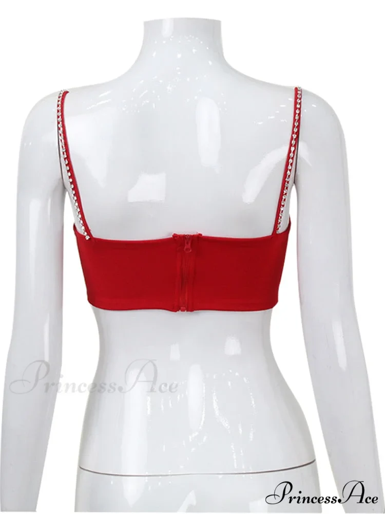 Red Heart Cut Out Graceful Rhinestone Strap Crop Top - Image 7