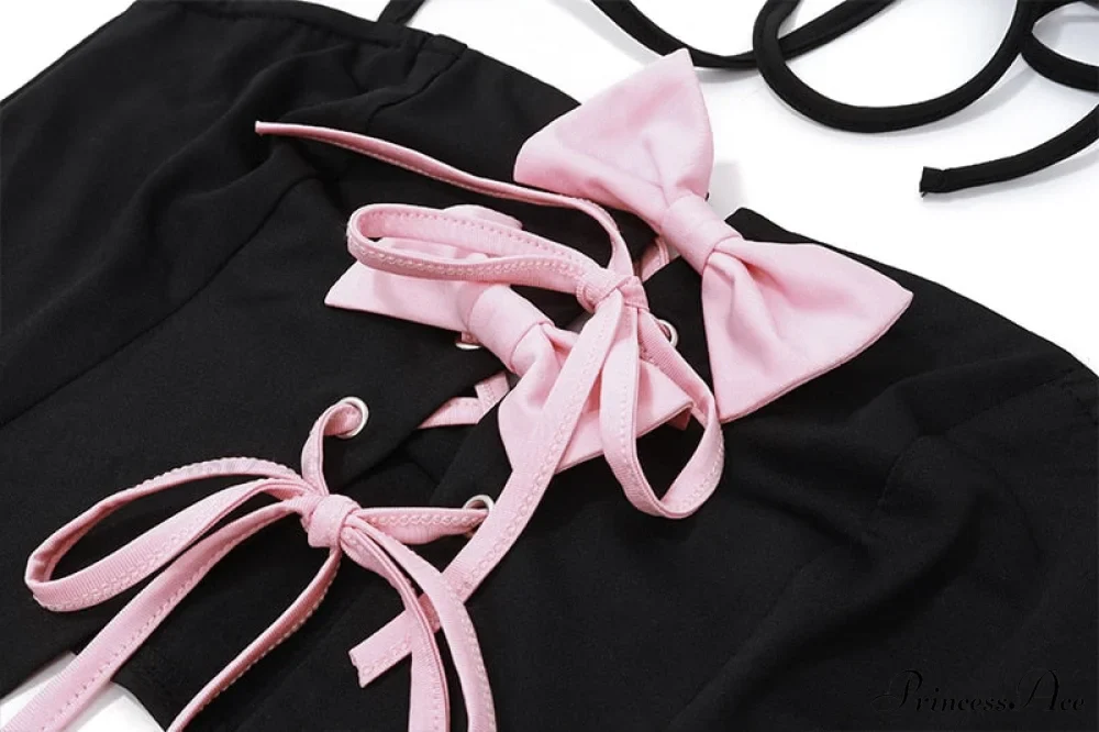 Black Halter Bow Tie Up Trendy Top And Mini Skirt Set - Image 10