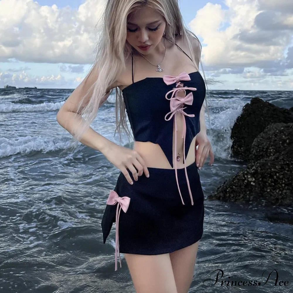 Black Halter Bow Tie Up Trendy Top And Mini Skirt Set - Image 2