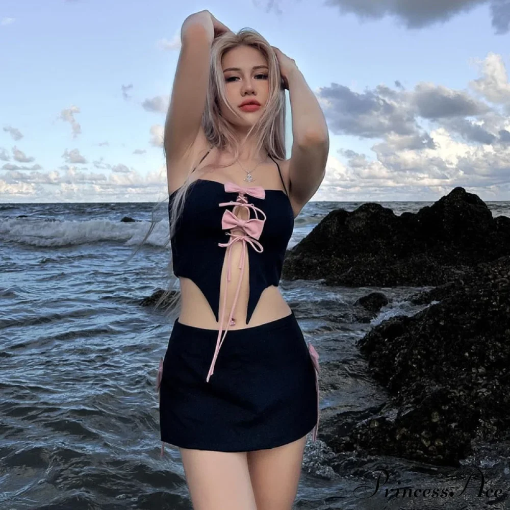 Black Halter Bow Tie Up Trendy Top And Mini Skirt Set - Image 3