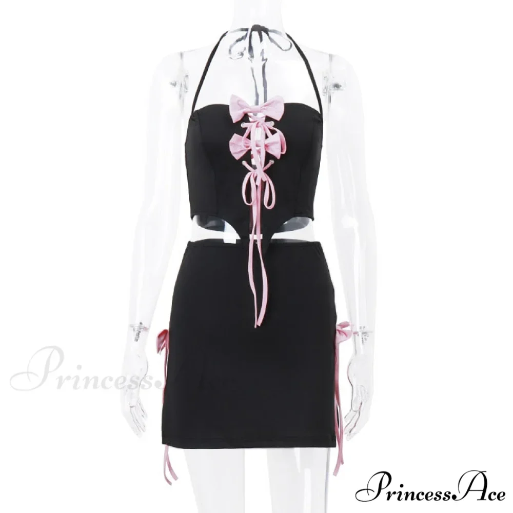 Black Halter Bow Tie Up Trendy Top And Mini Skirt Set - Image 6