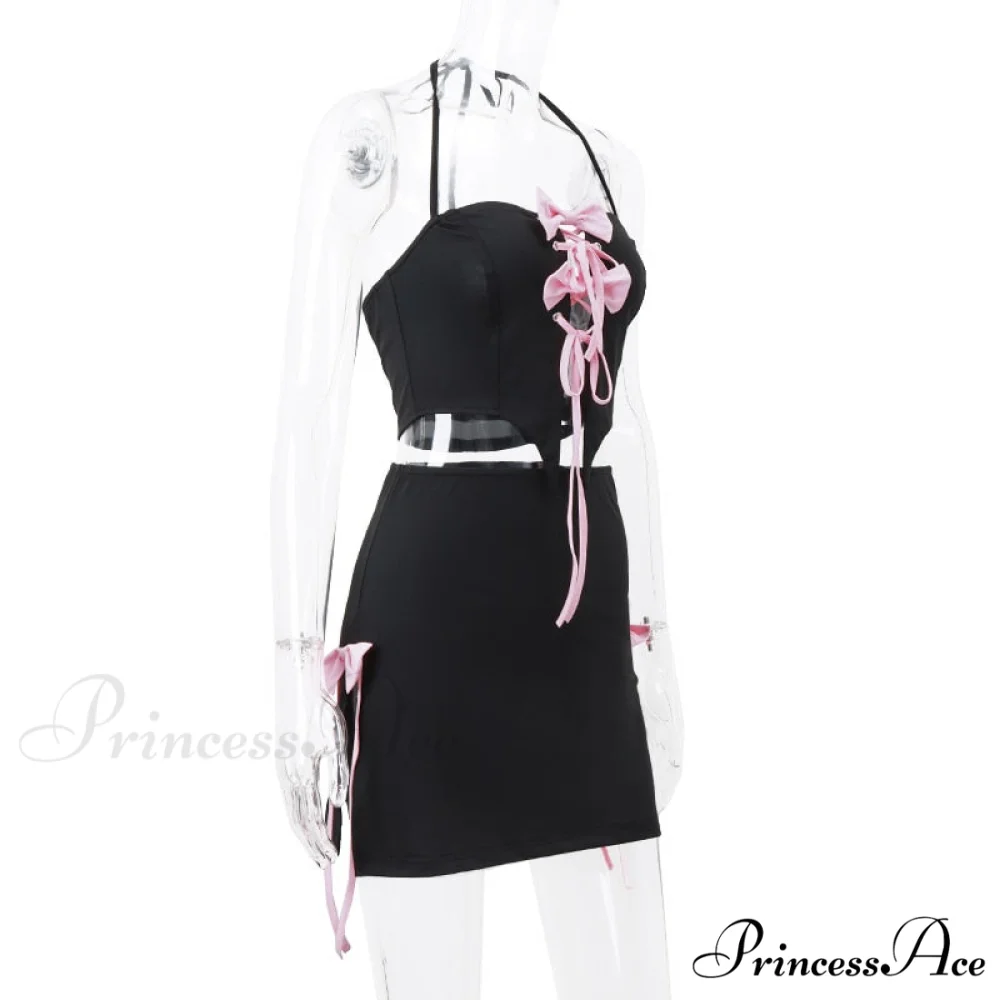 Black Halter Bow Tie Up Trendy Top And Mini Skirt Set - Image 7