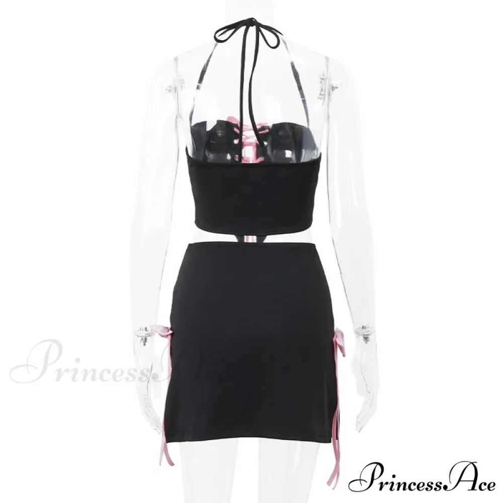 Black Halter Bow Tie Up Trendy Top And Mini Skirt Set - Image 8