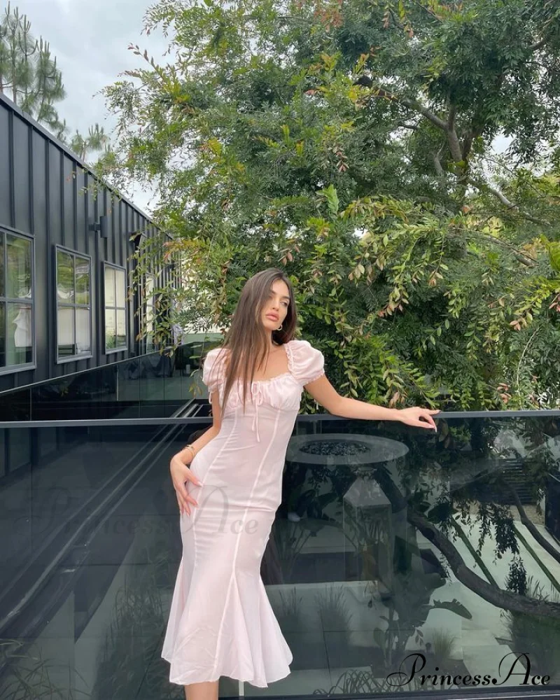 Pink Puff Sleeve Backless Graceful Crystal Button Mesh Midi Dress - Image 13