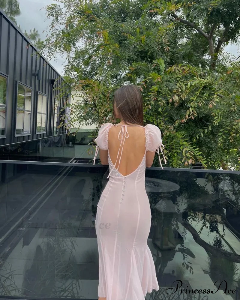 Pink Puff Sleeve Backless Graceful Crystal Button Mesh Midi Dress - Image 14