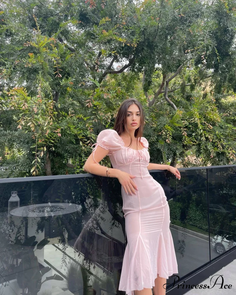 Pink Puff Sleeve Backless Graceful Crystal Button Mesh Midi Dress - Image 15