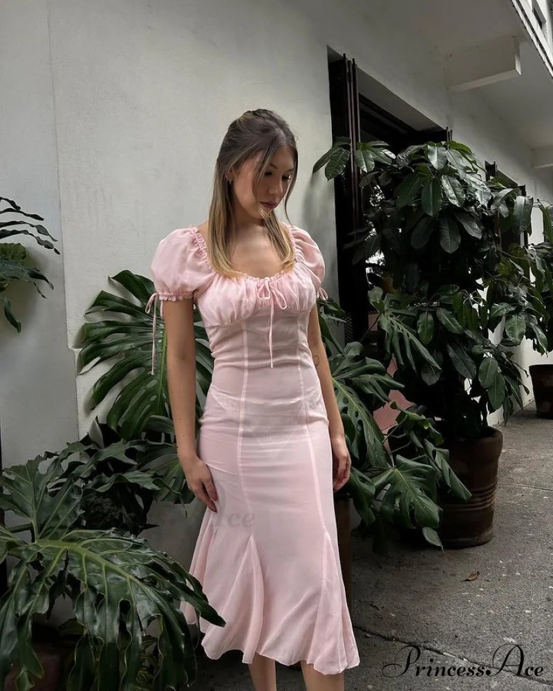 Pink Puff Sleeve Backless Graceful Crystal Button Mesh Midi Dress - Image 19