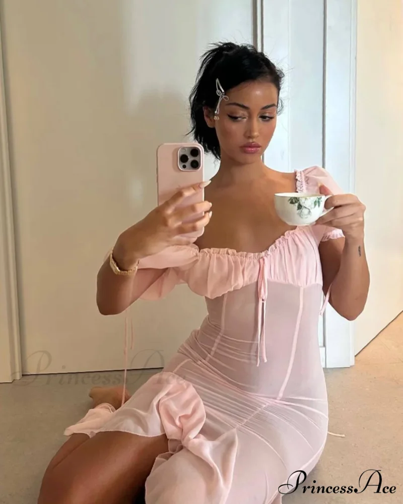 Pink Puff Sleeve Backless Graceful Crystal Button Mesh Midi Dress - Image 2