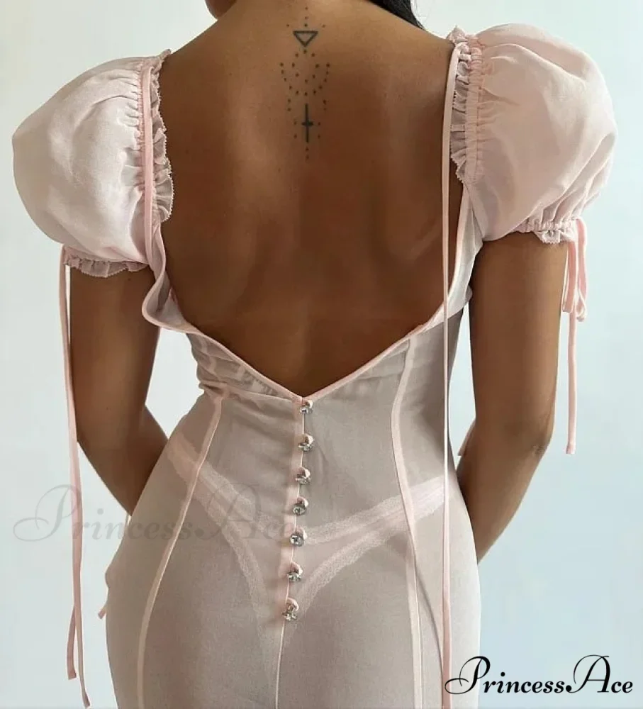 Pink Puff Sleeve Backless Graceful Crystal Button Mesh Midi Dress - Image 22