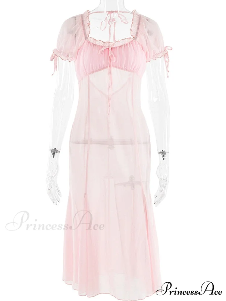 Pink Puff Sleeve Backless Graceful Crystal Button Mesh Midi Dress - Image 3