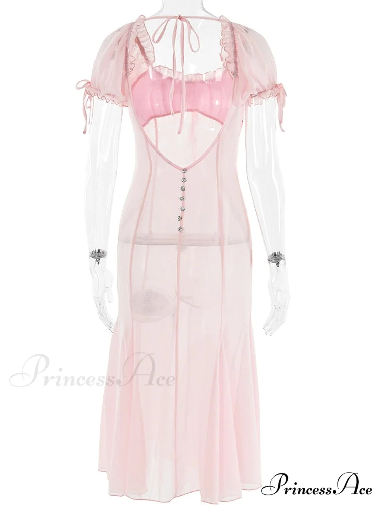 Pink Puff Sleeve Backless Graceful Crystal Button Mesh Midi Dress - Image 4