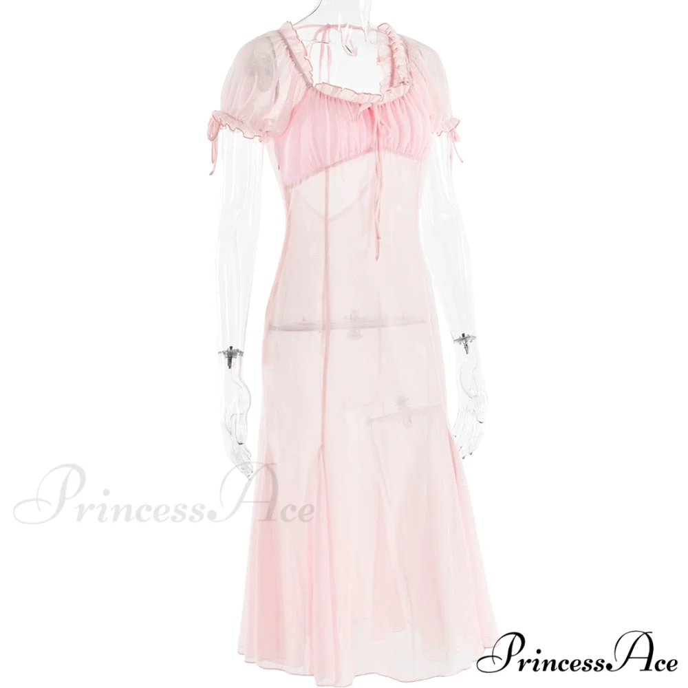 Pink Puff Sleeve Backless Graceful Crystal Button Mesh Midi Dress - Image 5