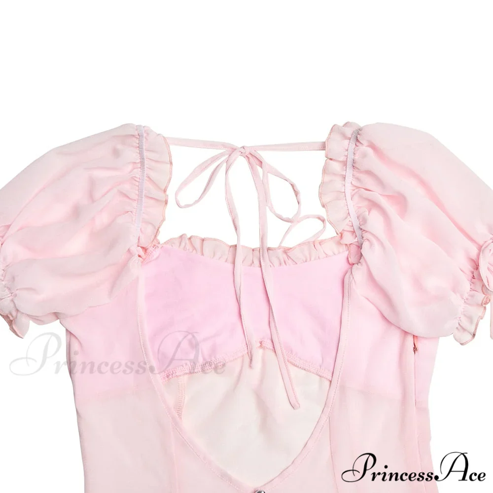 Pink Puff Sleeve Backless Graceful Crystal Button Mesh Midi Dress - Image 7