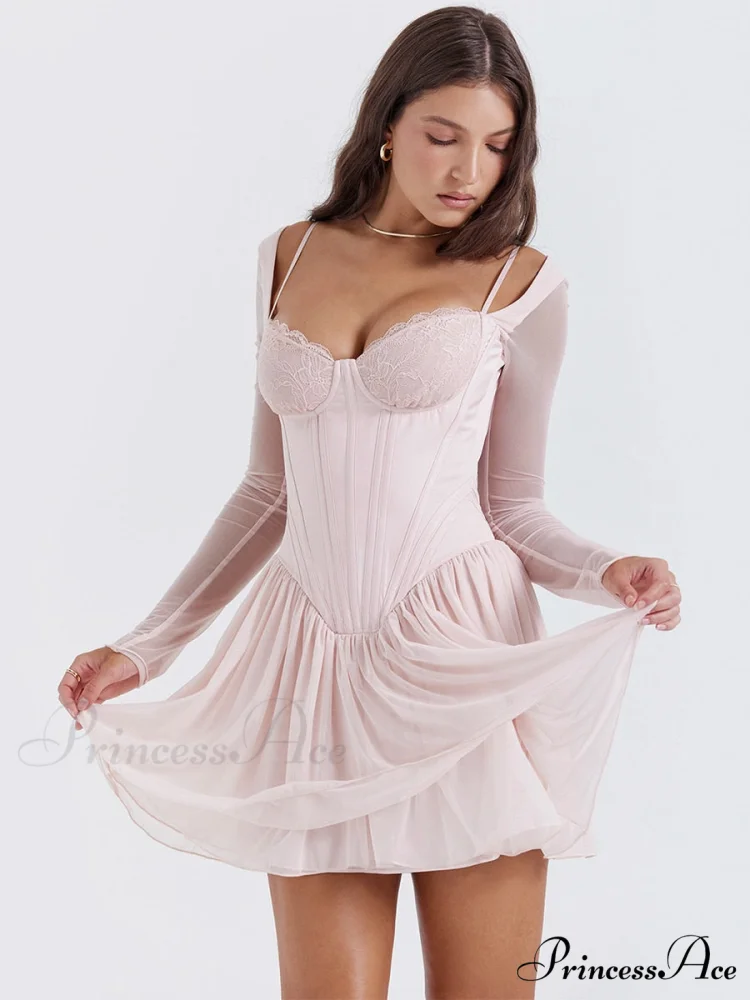 Pink Long Sleeve Charming Bustier Frill Mini Dress - Image 2
