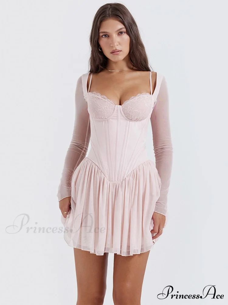 Pink Long Sleeve Charming Bustier Frill Mini Dress - Image 3