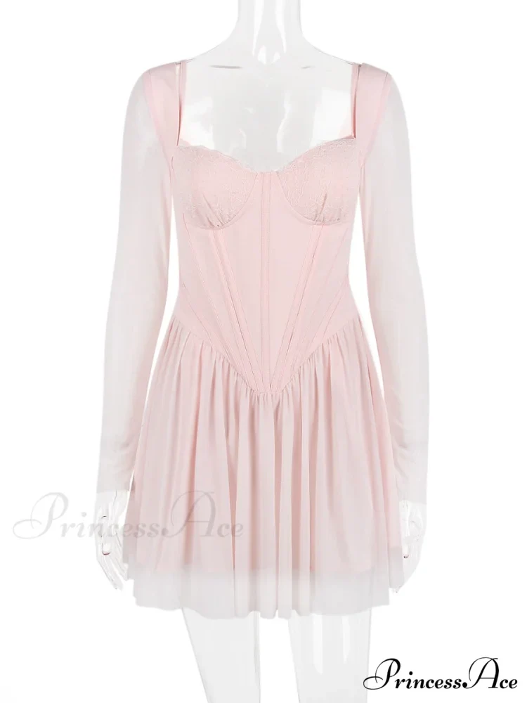 Pink Long Sleeve Charming Bustier Frill Mini Dress - Image 4