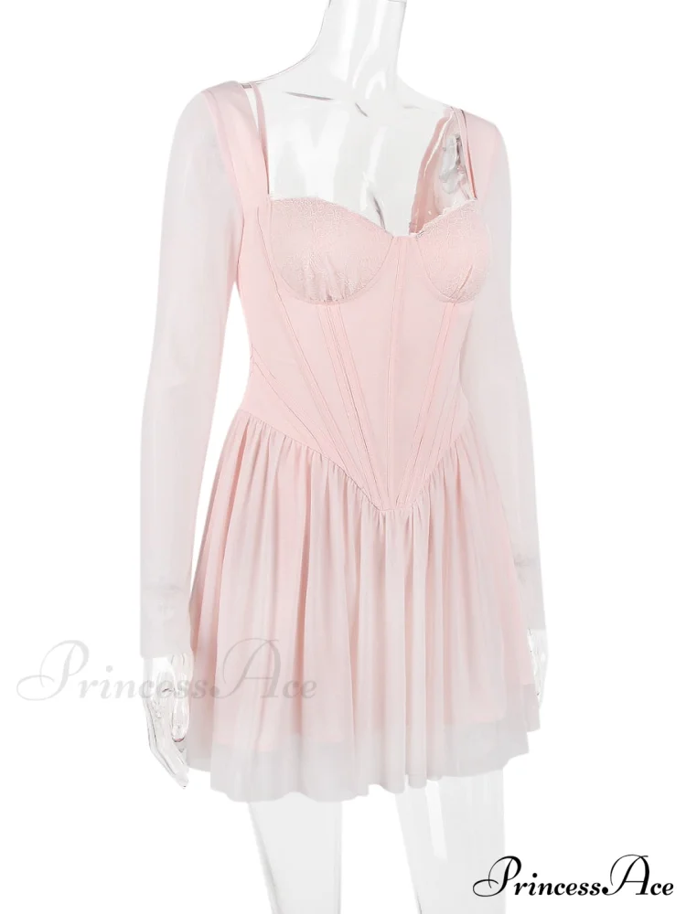 Pink Long Sleeve Charming Bustier Frill Mini Dress - Image 5