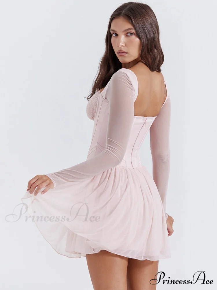 Pink Long Sleeve Charming Bustier Frill Mini Dress - Image 9