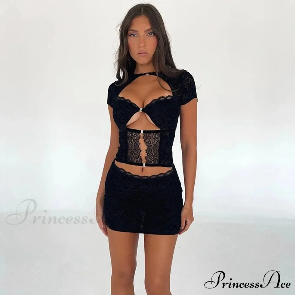 Black Lace Sheer Front Cut Trendy Out Design Short Sleeve Mini Dress - Image 12