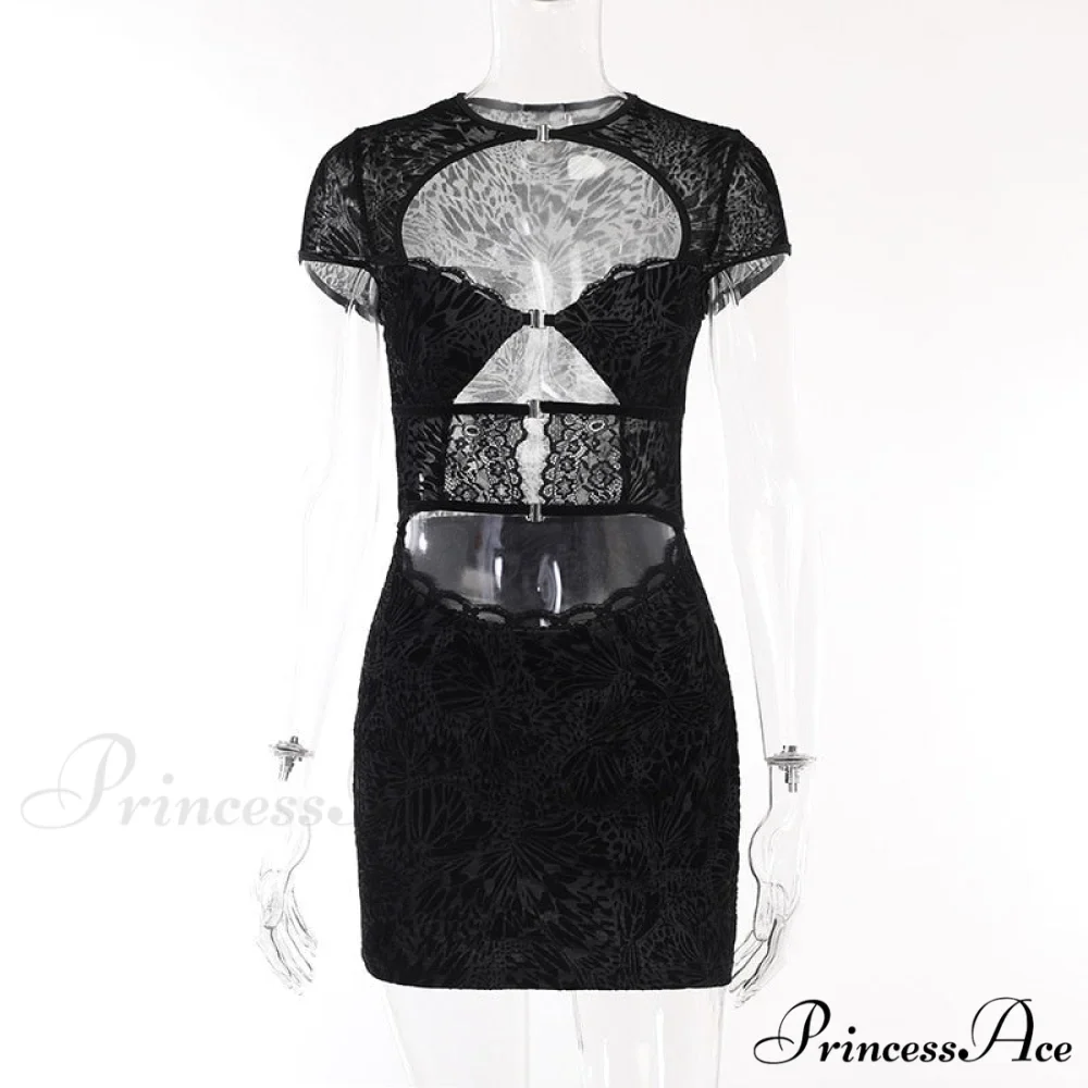 Black Lace Sheer Front Cut Trendy Out Design Short Sleeve Mini Dress - Image 13