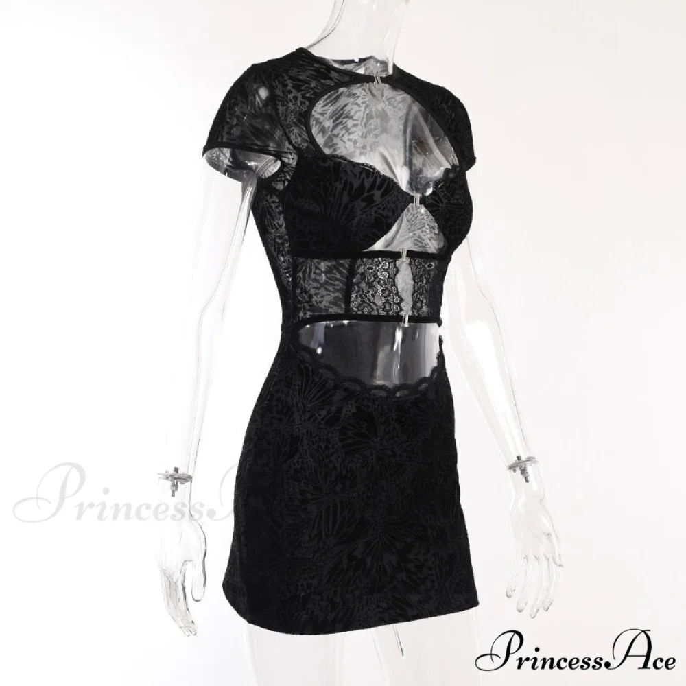Black Lace Sheer Front Cut Trendy Out Design Short Sleeve Mini Dress - Image 14