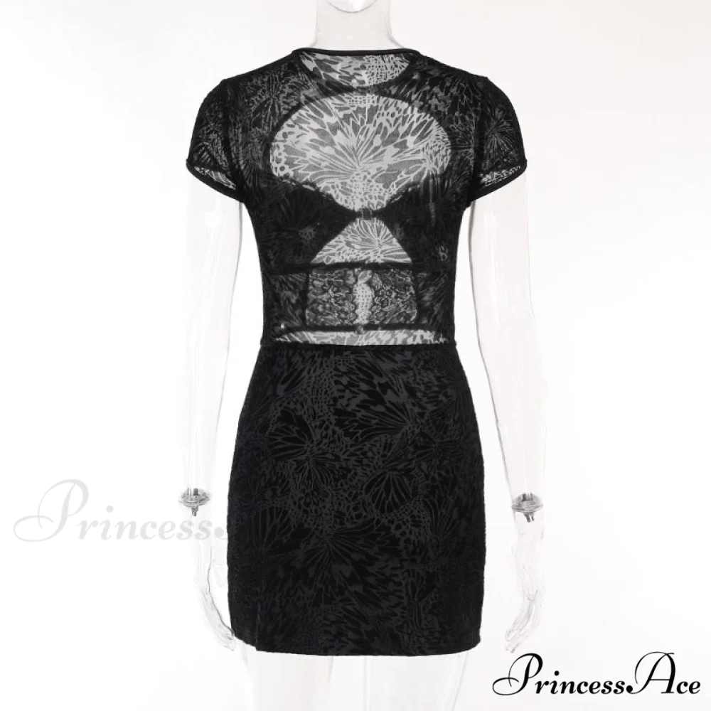 Black Lace Sheer Front Cut Trendy Out Design Short Sleeve Mini Dress - Image 15