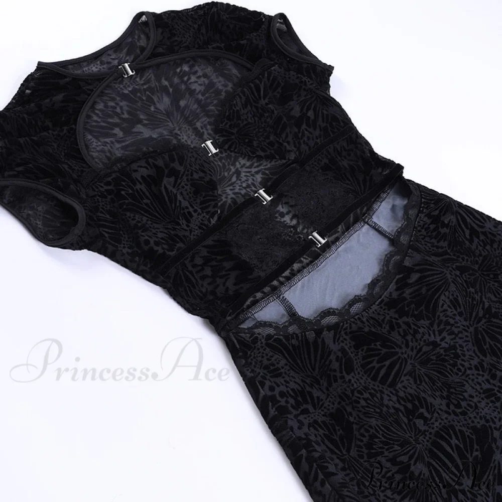 Black Lace Sheer Front Cut Trendy Out Design Short Sleeve Mini Dress - Image 16