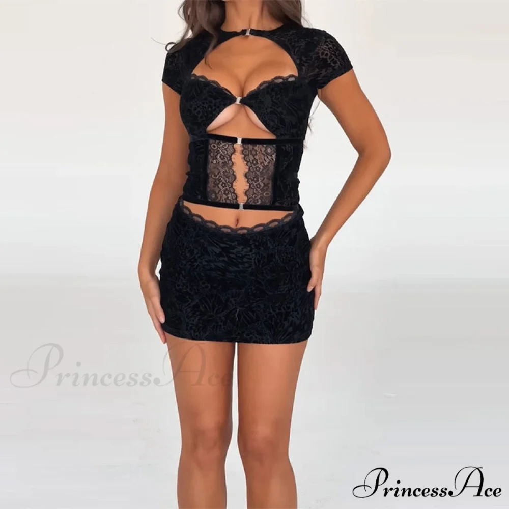 Black Lace Sheer Front Cut Trendy Out Design Short Sleeve Mini Dress - Image 4