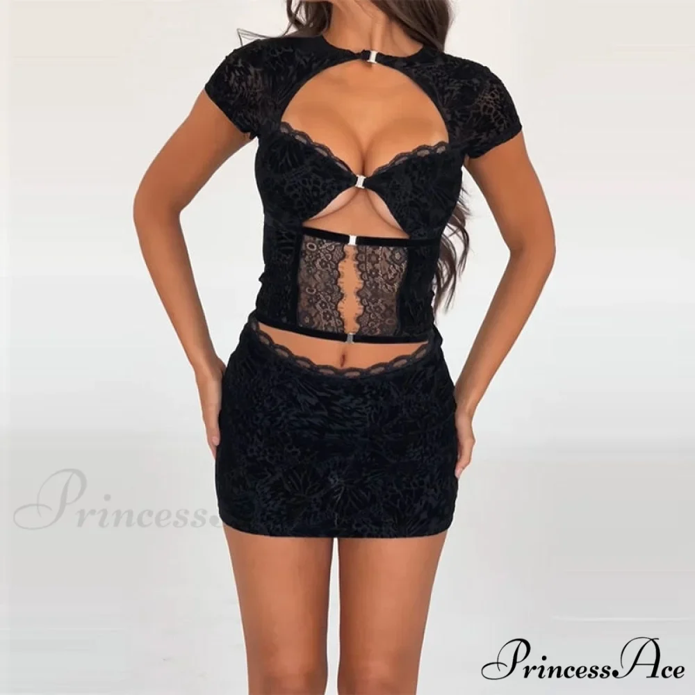 Black Lace Sheer Front Cut Trendy Out Design Short Sleeve Mini Dress - Image 8