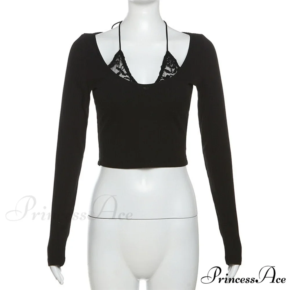Black Long Sleeve Charming Lace Trim Halter Top - Image 5