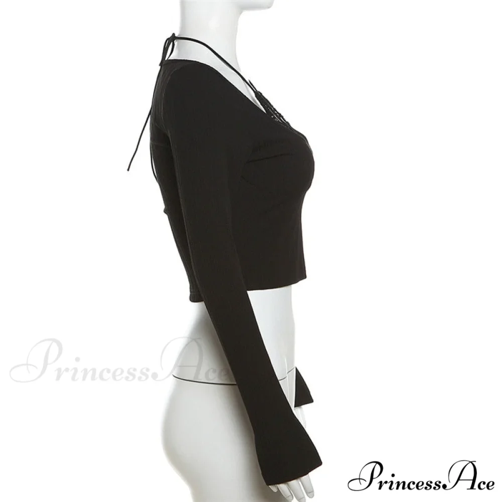Black Long Sleeve Charming Lace Trim Halter Top - Image 6