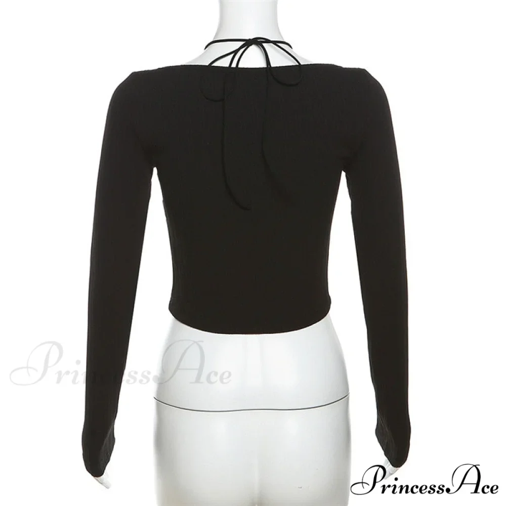 Black Long Sleeve Charming Lace Trim Halter Top - Image 7