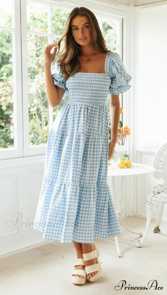 Plaid Puff Stylish Sleeve Midi Dress - Image 10