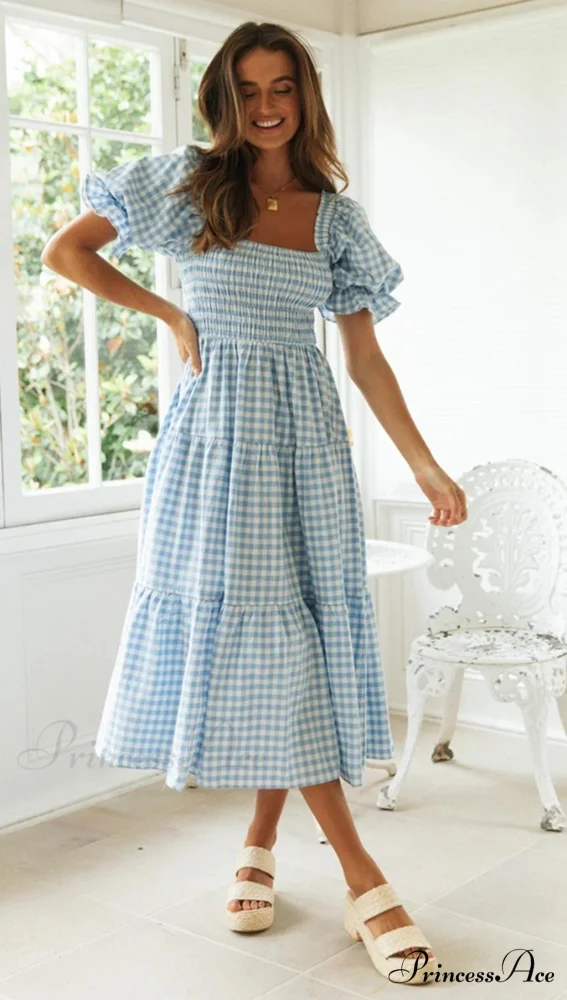 Plaid Puff Stylish Sleeve Midi Dress - Image 11