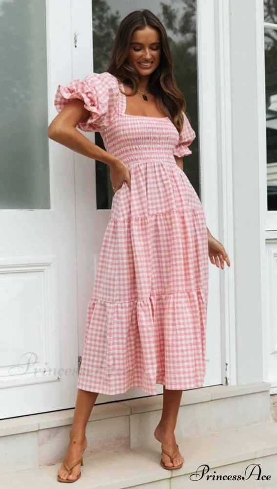 Plaid Puff Stylish Sleeve Midi Dress - Image 12
