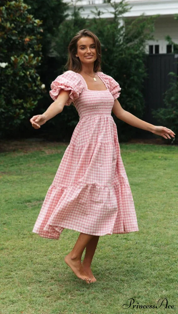 Plaid Puff Stylish Sleeve Midi Dress - Image 13