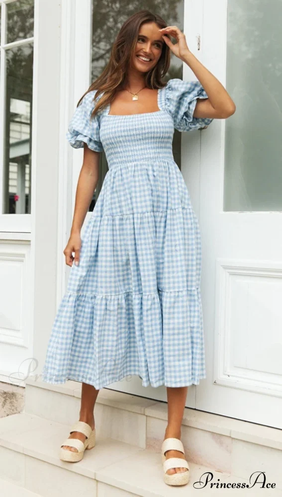 Plaid Puff Stylish Sleeve Midi Dress - Image 2