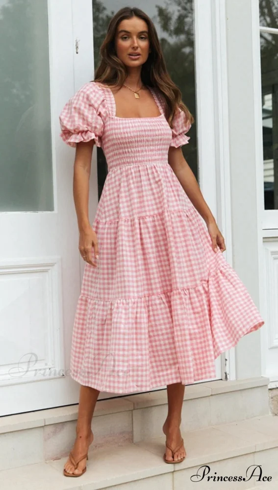 Plaid Puff Stylish Sleeve Midi Dress - Image 3