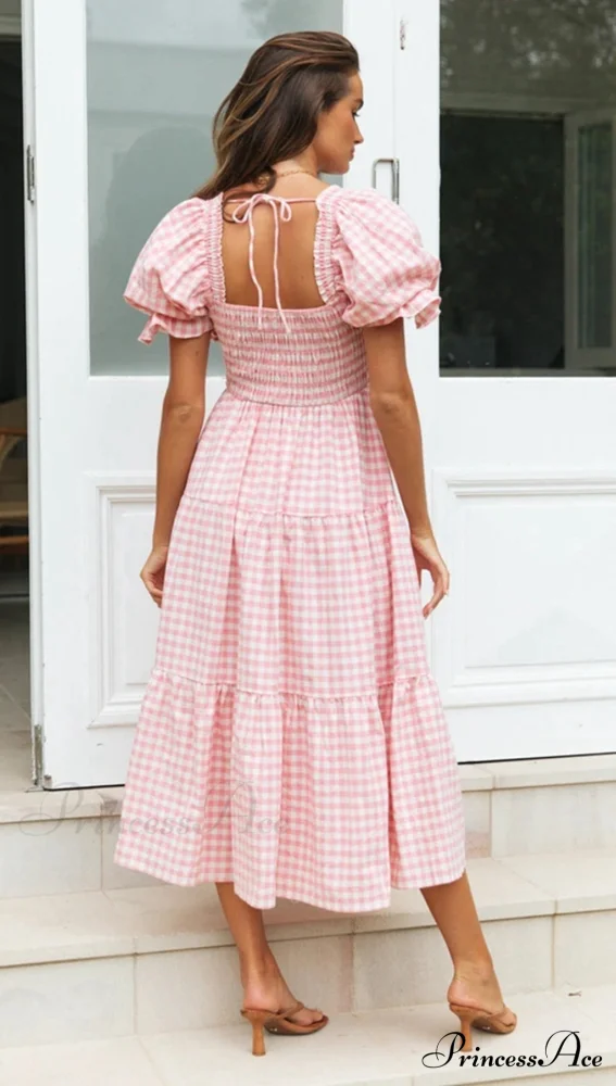 Plaid Puff Stylish Sleeve Midi Dress - Image 4